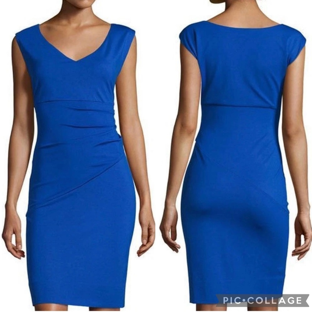 Diane von Furstenberg Dress Size 6 Blue V-Neck Bevin Ruched Sheath Knee Length